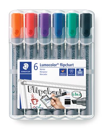 Flipchart marker készlet, 2-5 mm, vágott, STAEDTLER Lumocolor 356 B, 6 különböző szín