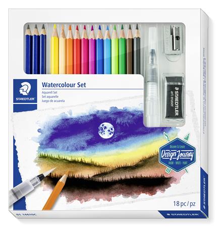 Akvarell ceruza készlet, ecsettel, radírral, hegyezővel, grafitceruzával, STAEDTLER® 146 10C, 12 különböző szín