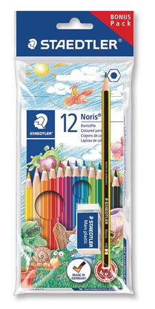 Színes ceruza készlet, hatszögletű, ajándék grafitceruzával és radírral, STAEDTLER Noris 185, 12 különböző szín
