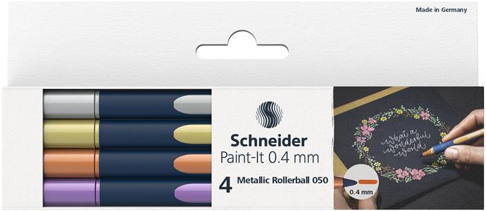 Metálfényű rollertoll készlet, 0,4 mm, SCHNEIDER Paint-It 050 4 különböző szín