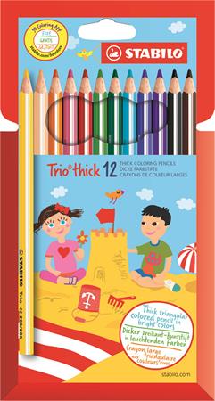 Színes ceruza készlet, háromszögletű, vastag, STABILO Trio thick, 12 különböző szín
