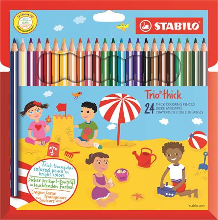Színes ceruza készlet, vastag, háromszögletű, hegyezővel, STABILO Trio thick, 24 különböző szín