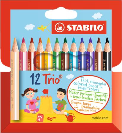 Színes ceruza készlet, háromszögletű, vastag, rövid, STABILO Trio, 12 különböző szín