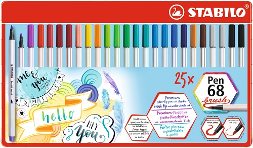 Ecsetirón készlet, fém doboz, STABILO Pen 68 brush, 19 különböző szín
