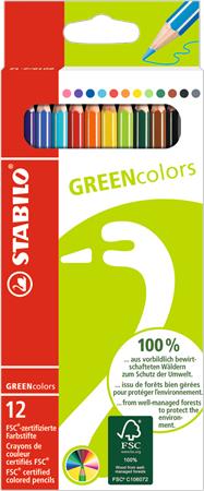 Színes ceruza készlet, hatszögletű, STABILO GreenColors, 12 különböző szín