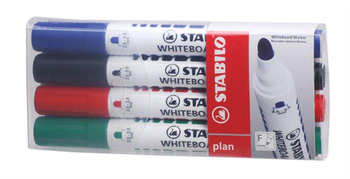 Táblamarker készlet, 2,5-3,5 mm, kúpos, STABILO Plan, 4 különböző szín