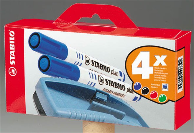 Táblamarker készlet, 2,5-3,5 mm, kúpos, szivaccsal, STABILO Plan, 4 különböző szín