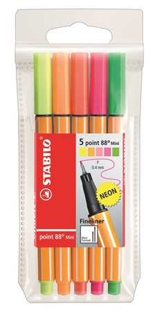 Tűfilc készlet, 0,4 mm, STABILO Point 88 Mini Neon, 5 különböző szín