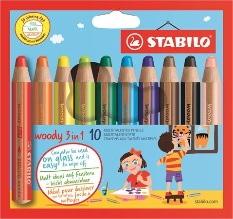 Színes ceruza készlet, kerek, vastag, STABILO Woody 3 in 1, 10 különböző szín