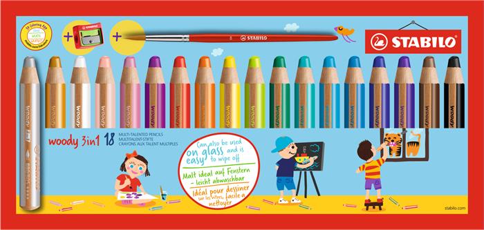 Színes ceruza készlet, kerek, vastag, STABILO Woody 3 in 1, 18 különböző szín