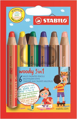 Színes ceruza készlet, kerek, vastag, STABILO Woody 3 in 1, 6 különböző szín