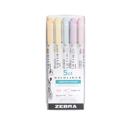 Szövegkiemelő készlet, 1,4/4 mm, kétvégű, ZEBRA Mildliner Highlighter Gentle, 5 különböző szín