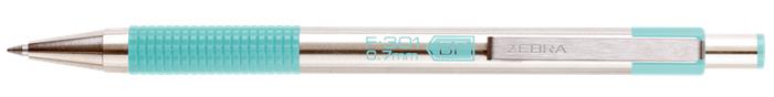 Golyóstoll, 0,24 mm, nyomógombos, rozsdamentes acél, pasztellzöld tolltest, ZEBRA F-301, kék