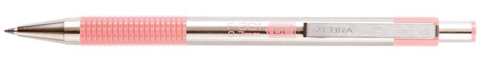Golyóstoll, 0,24 mm, nyomógombos, rozsdamentes acél, pasztell rózsaszín tolltest, ZEBRA F-301, kék