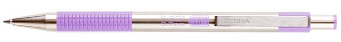 Golyóstoll, 0,24 mm, nyomógombos, rozsdamentes acél, pasztell-lila tolltest, ZEBRA F-301, kék