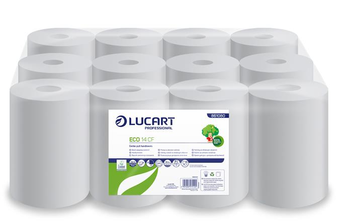 Kéztörlő, tekercses, 2 rétegű, LUCART, Eco CF 14, fehér