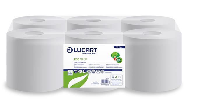 Kéztörlő, tekercses, 2 rétegű, LUCART Eco CF 19, fehér