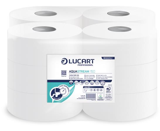 Toalettpapír, 2 rétegű, nagytekercses, 150 m,  19 cm átmérő, LUCART Aquastream 150, fehér