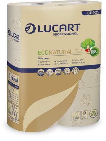 Toalettpapír, 3 rétegű, 6 tekercs, kistekercses, 27,5 m, LUCART EcoNatural 6.3 barna