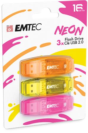 Pendrive, 16GB, 3 db, USB 2.0, EMTEC C410 Neon, narancs, citromsárga, rózsaszín