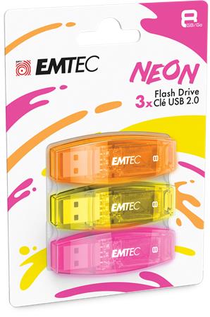 Pendrive, 8GB, 3 db, USB 2.0, EMTEC C410 Neon, narancs, citromsárga, rózsaszín