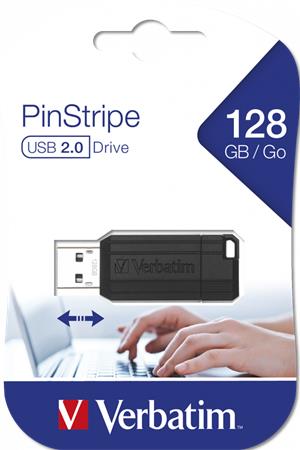 Pendrive, 128GB, USB 2.0, 10/4MB/sec, VERBATIM PinStripe, fekete