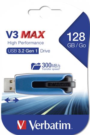 Pendrive, 128GB, USB 3.2, 175/80 MB/s, VERBATIM V3 MAX, kék-fekete