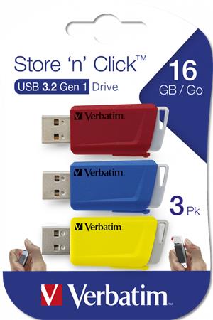 Pendrive, 3 x 16GB, USB 3.2, 80/25MB/sec, VERBATIM Store n Click, piros, kék, sárga