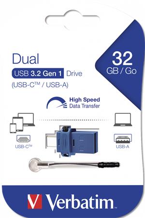 Pendrive, 32GB, USB 3.2+USB-C adapter, VERBATIM Dual