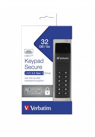 Pendrive, 32GB ,USB-C (USB 3.2), titkosítás, 160/130Mb/s, VERBATIM Keypad Secure