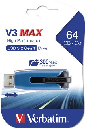 Pendrive, 64GB, USB 3.2, 175/80 MB/s, VERBATIM V3 MAX, kék-fekete