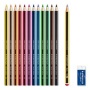 Színes ceruza készlet, hatszögletű, ajándék grafitceruzával és radírral, STAEDTLER Noris 185, 12 különböző szín