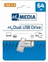 Pendrive, 64GB, USB 2.0 + USB-C, alumínium ház, MYMEDIA 'Dual' (by VERBATIM)