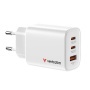 Hálózati töltő, 2xUSB-C, USB-A, 65W, GaN, VERBATIM 'Essentials', fehér